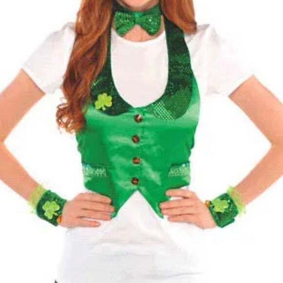 Leprechaun St. Patrick's Day‎ Costume green satin Vest adjustable - Picture 1 of 9